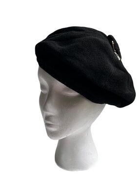 Juicy Couture Black Wool Beret with Rhinestone J Pin
